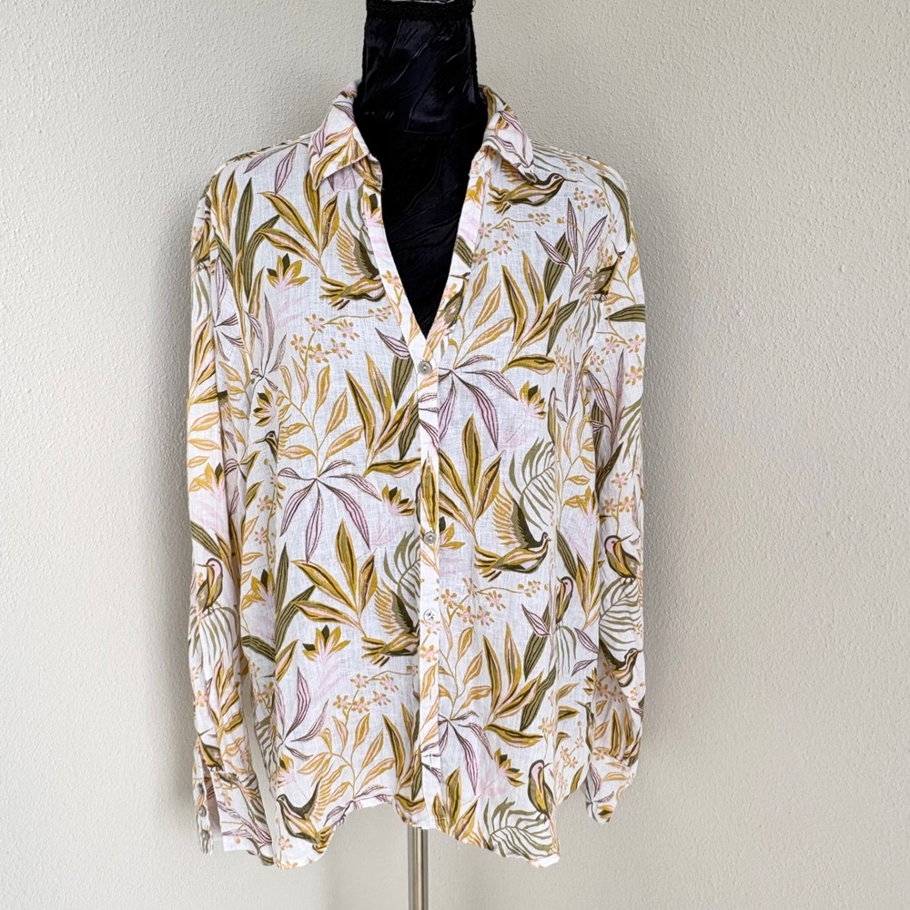 Joie 100% Linen HummingBird Botanical Print Button Down Shirt Womens L Multi